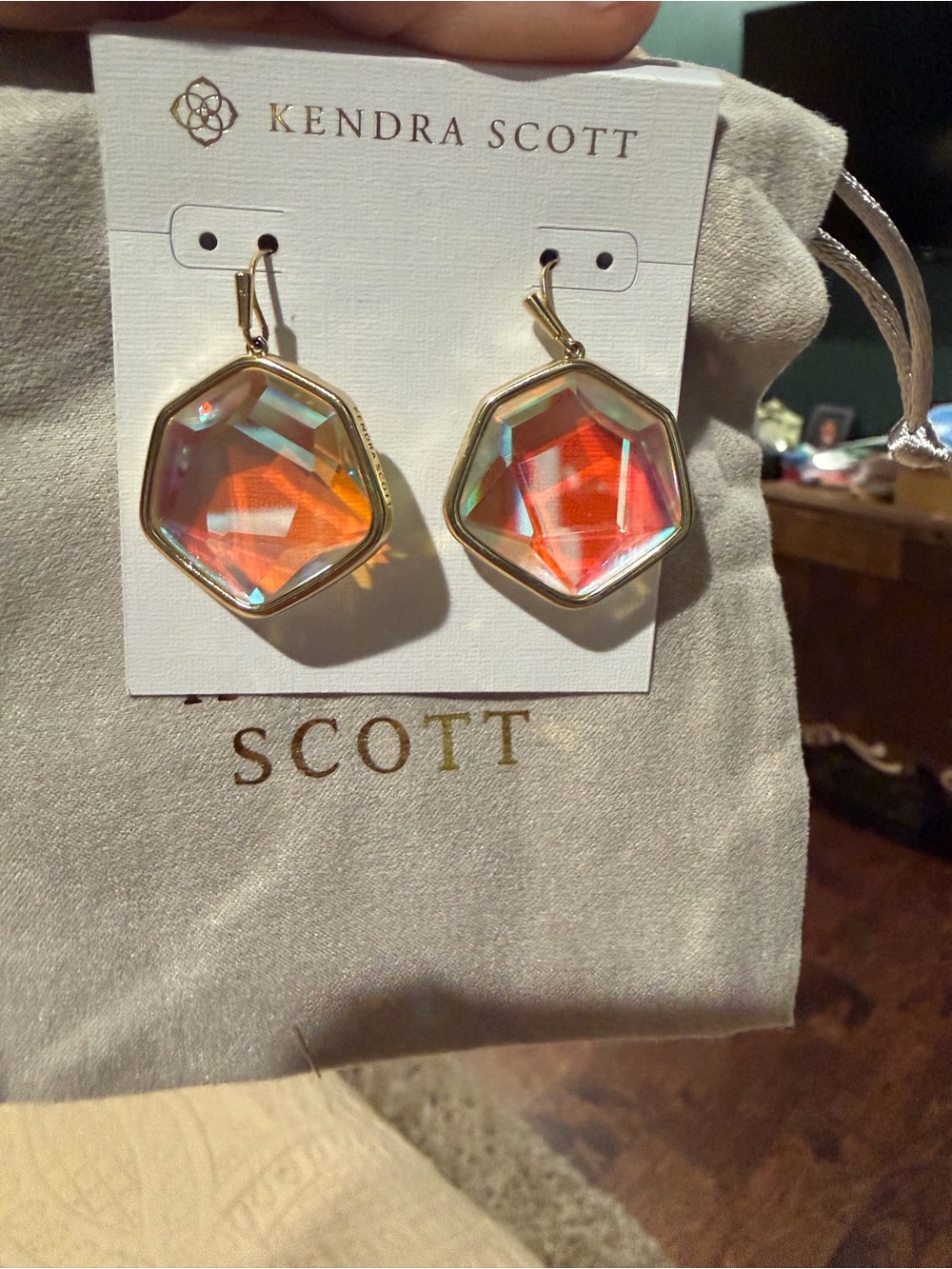 Kendra Scott Iridescent Orange-Pink Hexagon Drop Earrings